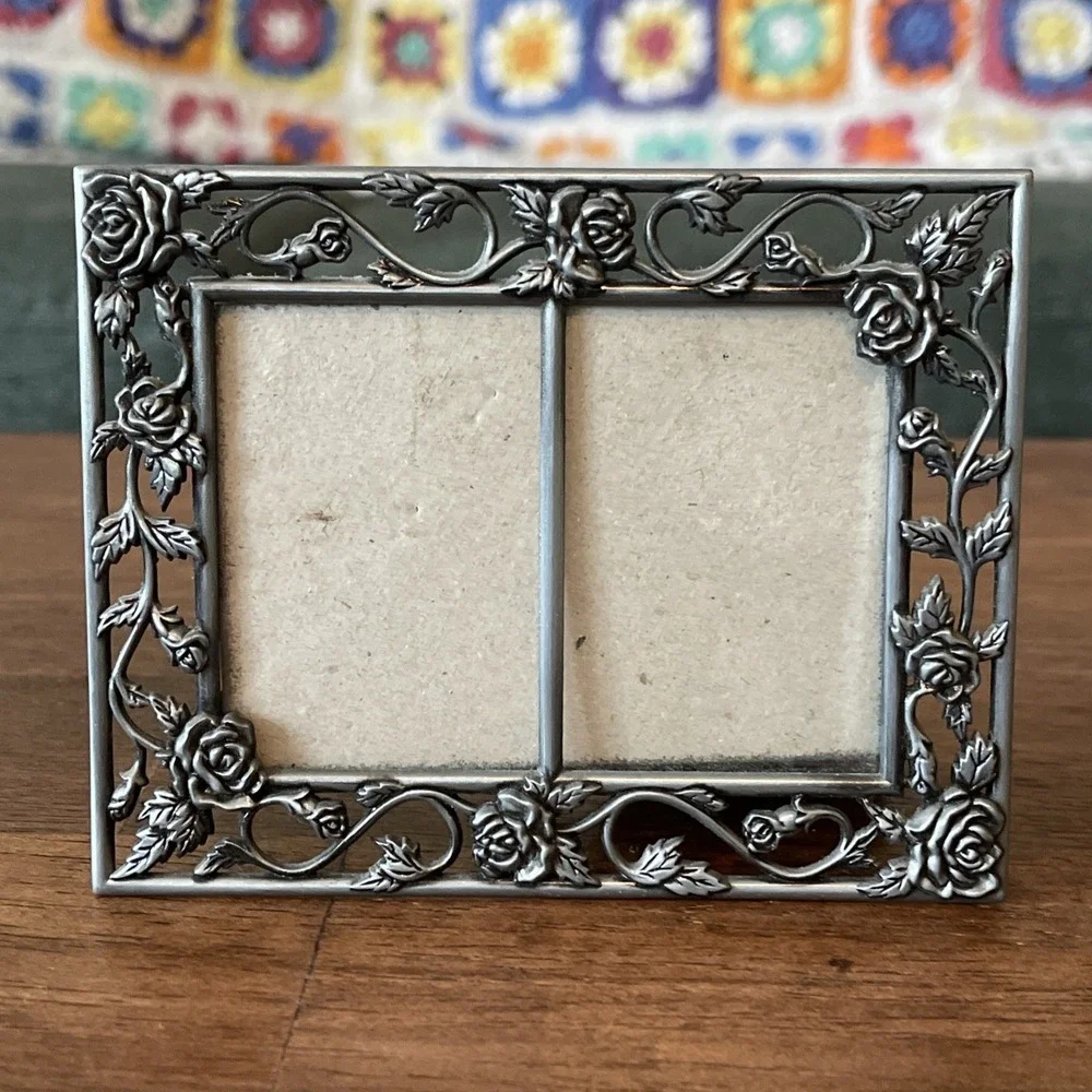Vtg DECOREL Ornate Silver Tone Double Mini Frame Rose Floral Couples 1.75x2.5